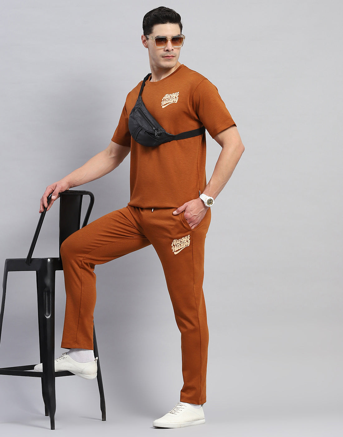 Rock.it Men Rust Solid Round Neck Half Sleeve Lower Set