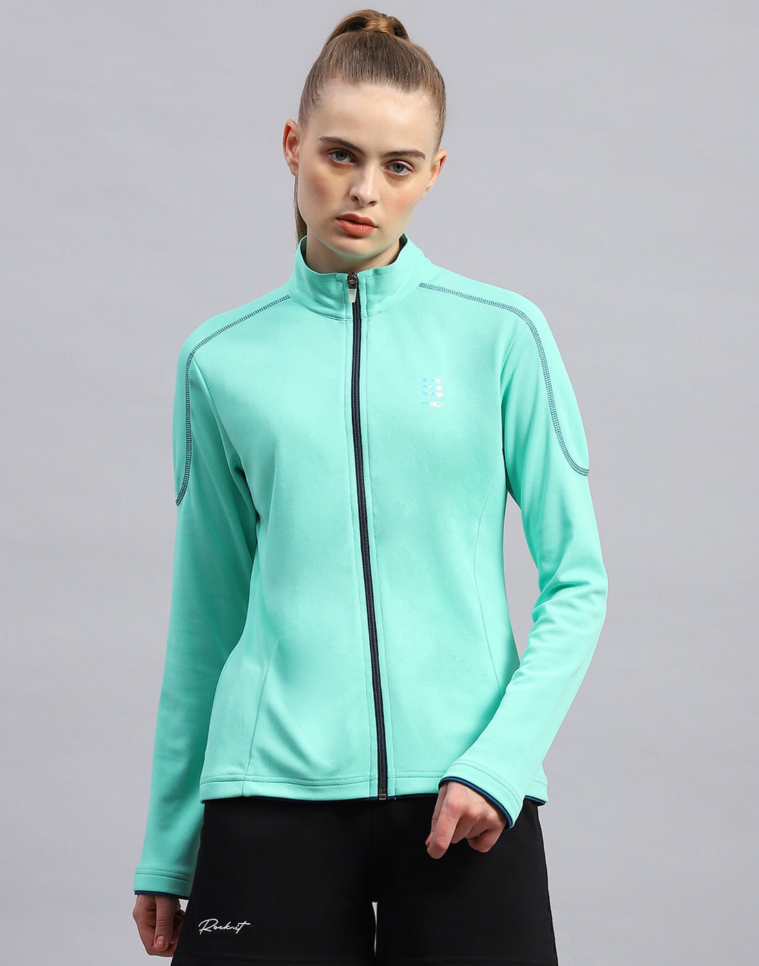 Rock.it Women Turquoise Blue Self Design Collar Full Sleeve Top