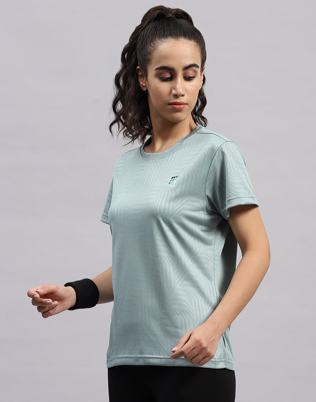 Rock.it Women Green Self Design Round Neck Half Sleeve Top