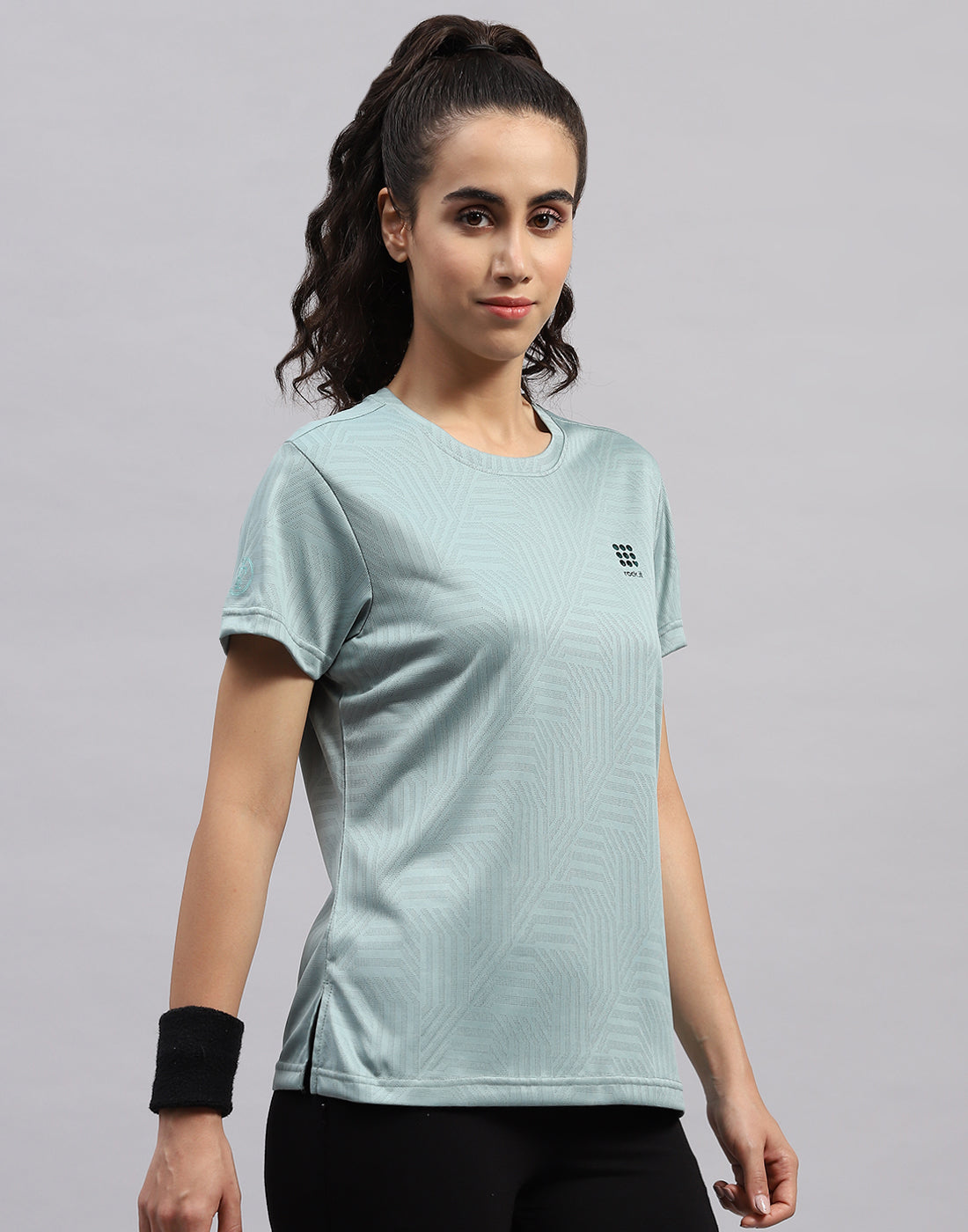 Rock.it Women Green Self Design Round Neck Half Sleeve Top