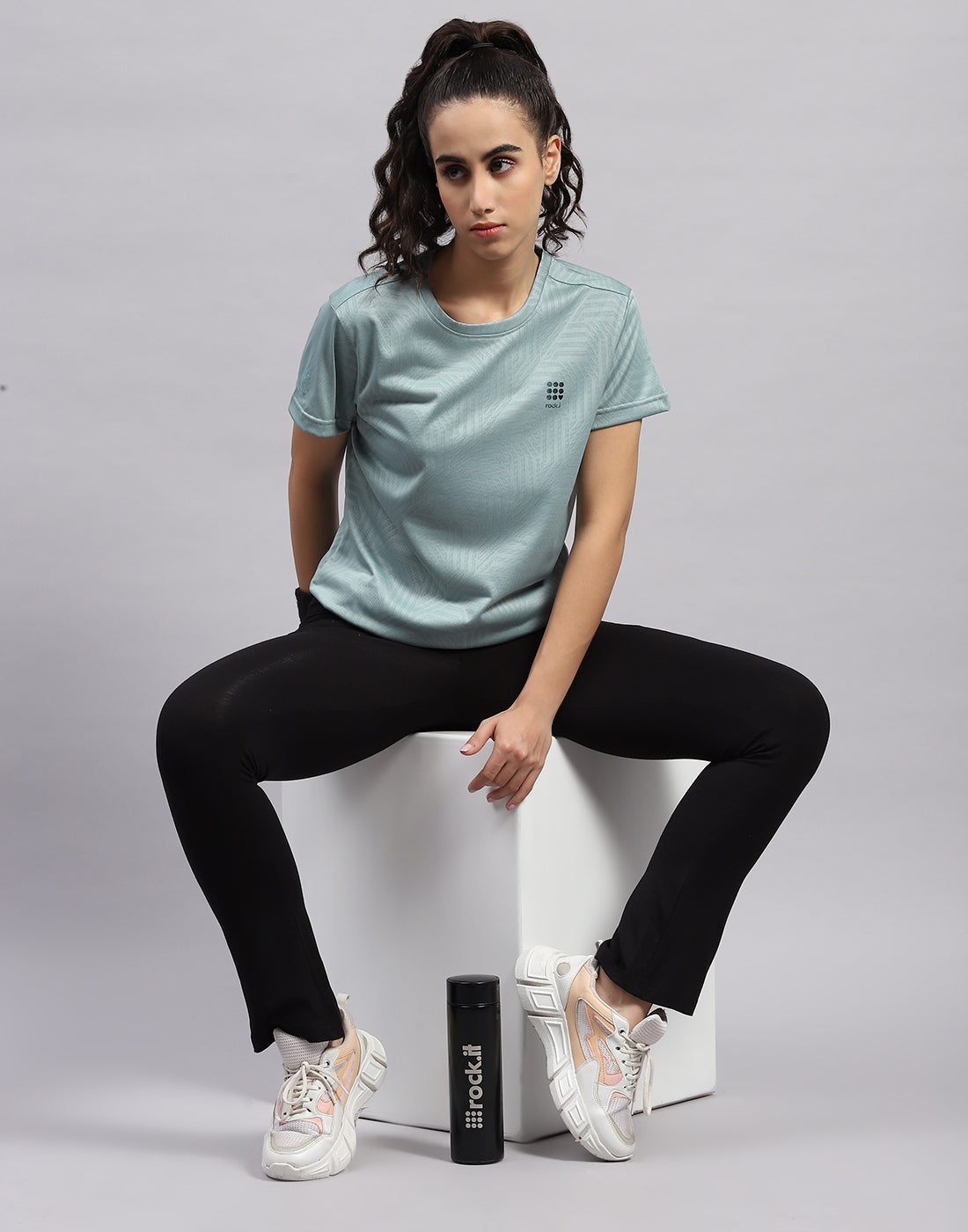 Rock.it Women Green Self Design Round Neck Half Sleeve Top