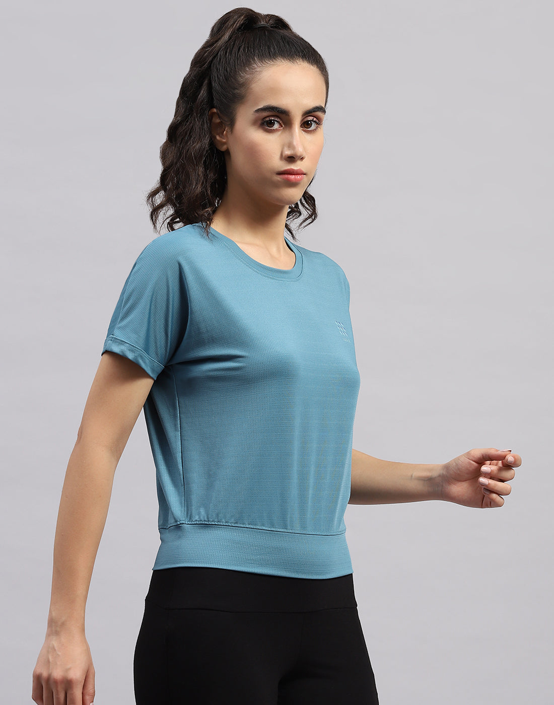 Rock.it Women Turquoise Blue Solid Round Neck Half Sleeve Top