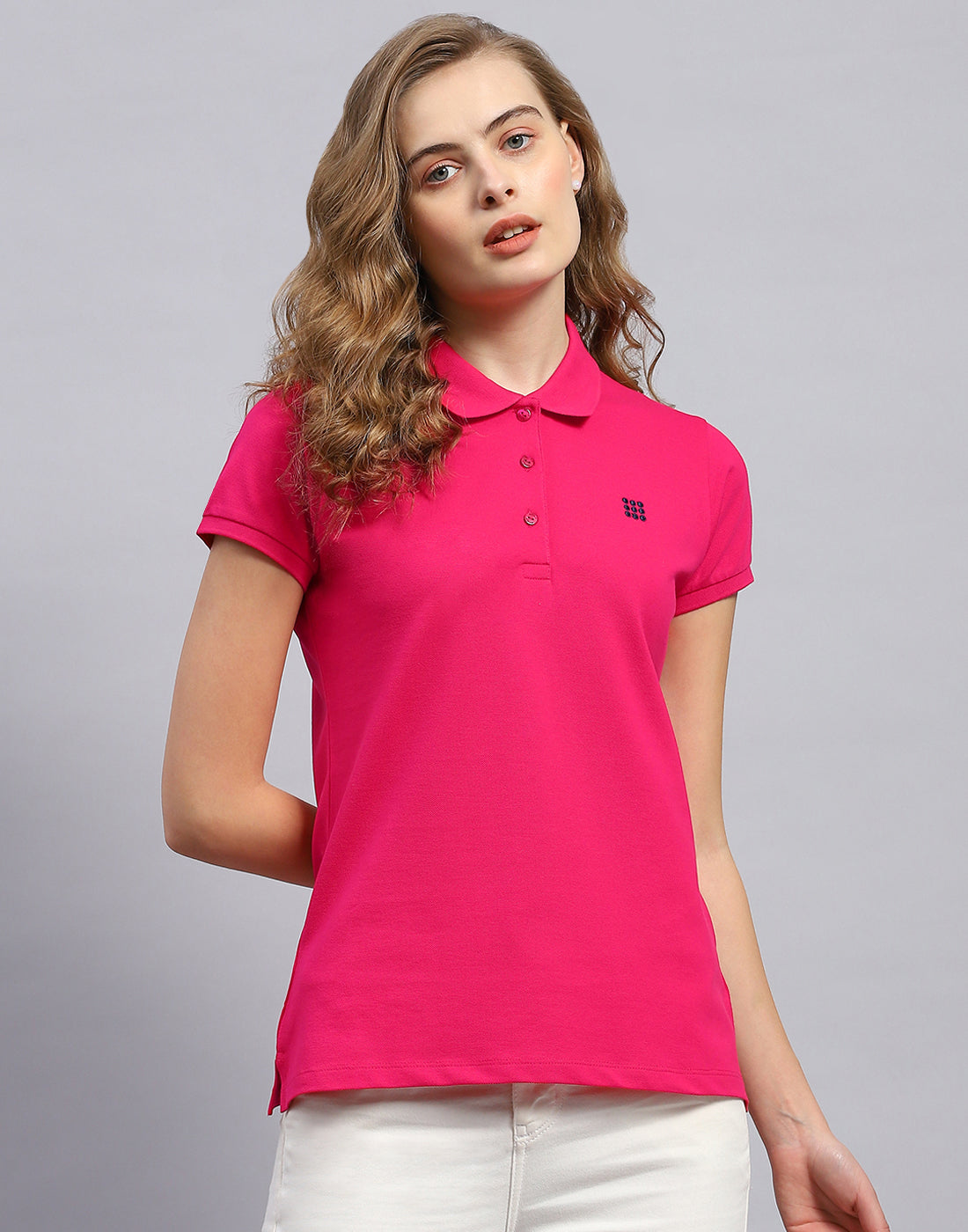 Women Pink Solid Polo Collar Half Sleeve T-Shirt