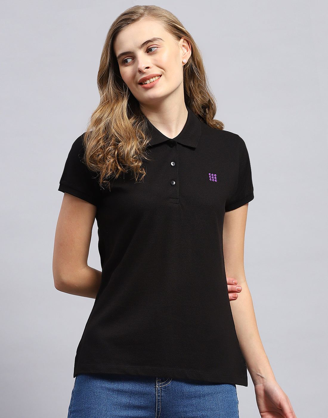 Rock.it Women Black Solid Polo Collar Half Sleeve T-Shirt
