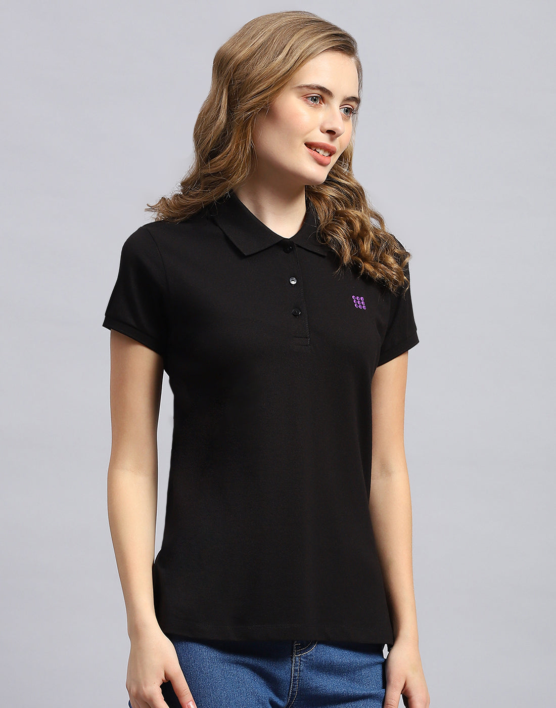 Rock.it Women Black Solid Polo Collar Half Sleeve T-Shirt