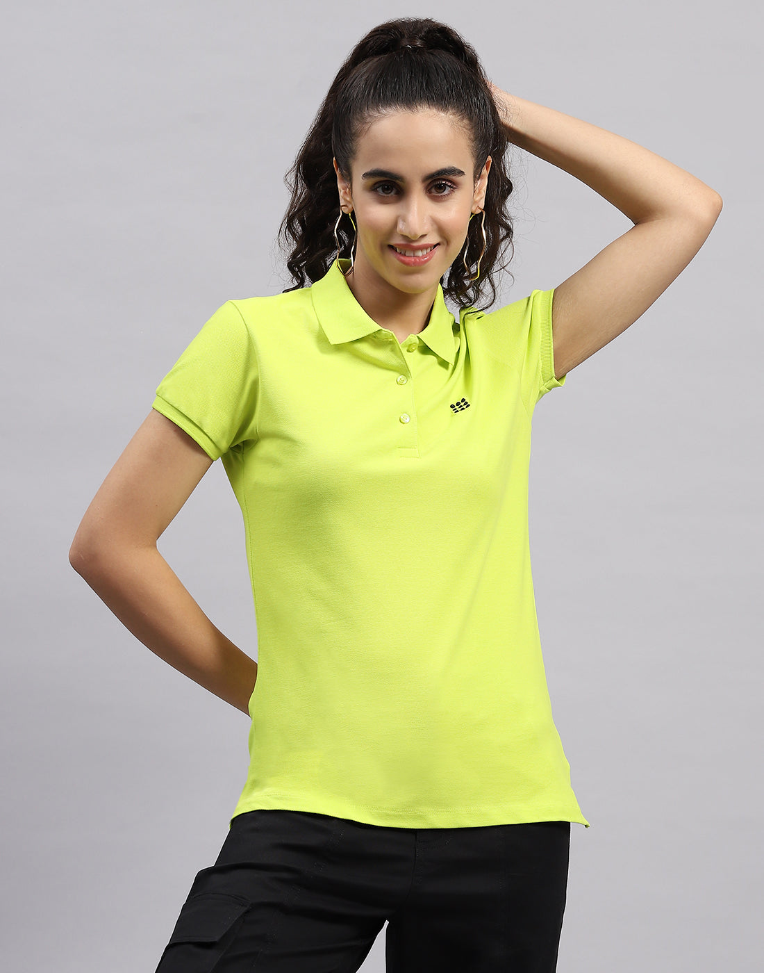 Women Fluorescent Green Solid Polo Collar Half Sleeve T Shirt