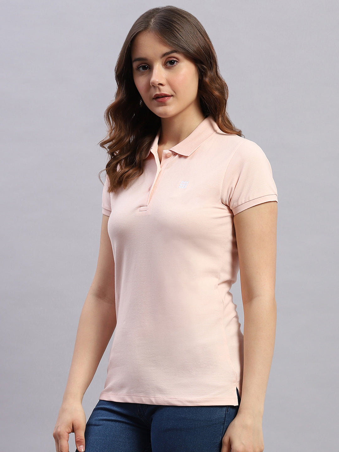 Rock.it Women Peach Solid Collar Half Sleeve T-Shirt