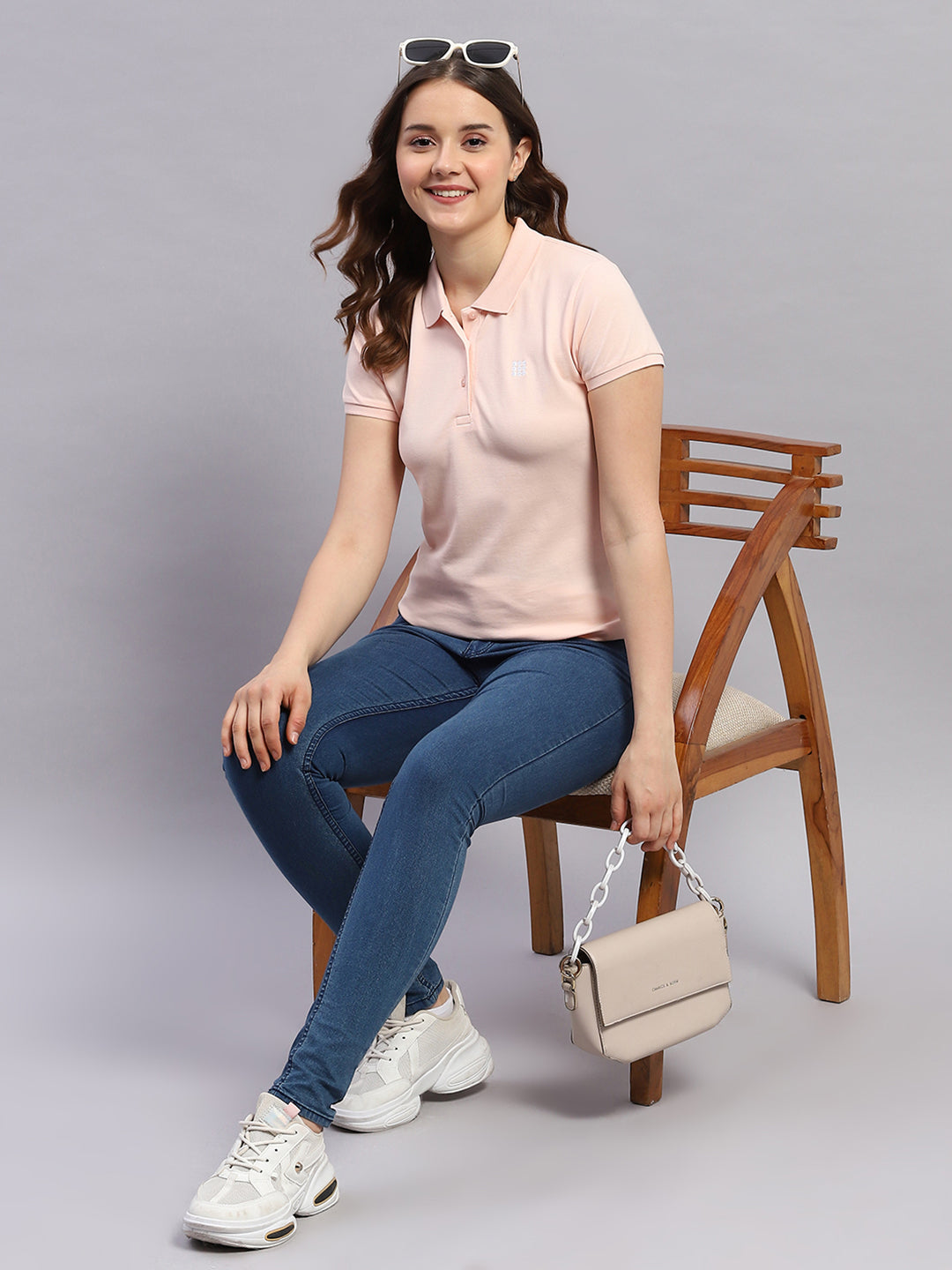 Rock.it Women Peach Solid Collar Half Sleeve T-Shirt