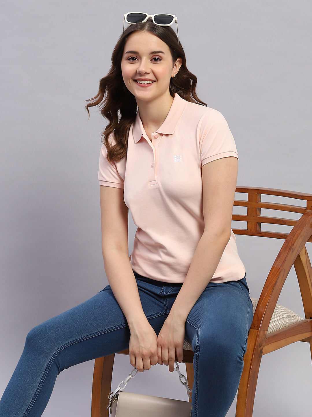 Rock.it Women Peach Solid Collar Half Sleeve T-Shirt