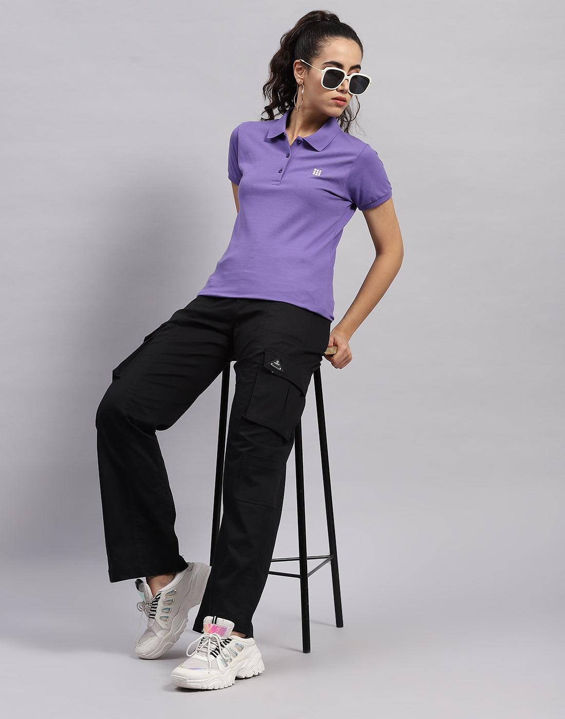 Women Purple Solid Polo Collar Half Sleeve T Shirt