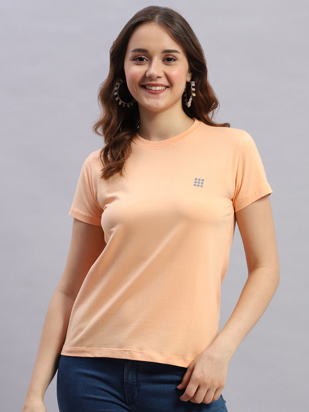 Rock.it Women Peach Solid Round Neck Half Sleeve Top