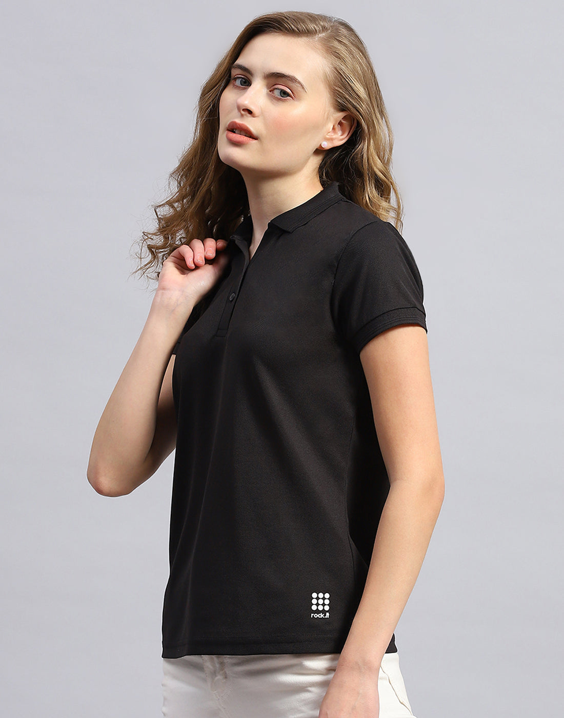 Women Black Solid Polo Collar Half Sleeve T-Shirt
