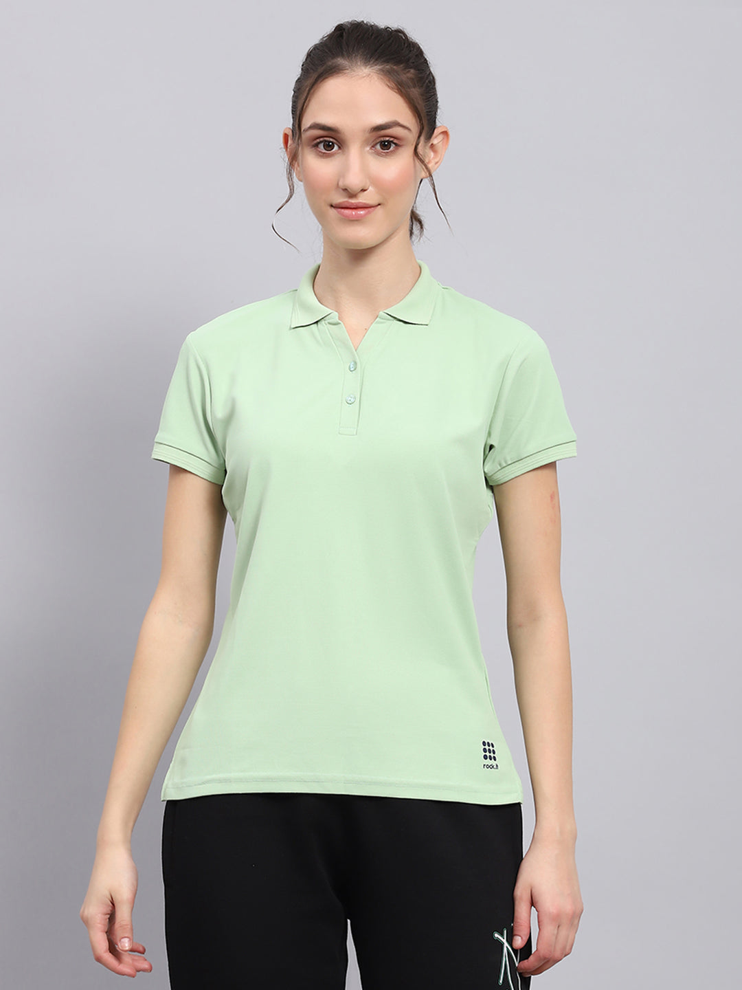 Rock.it Women Green Solid Collar Half Sleeve T Shirt