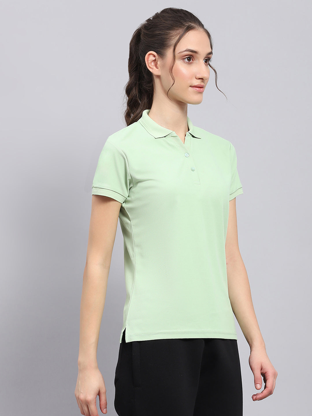 Rock.it Women Green Solid Collar Half Sleeve T Shirt