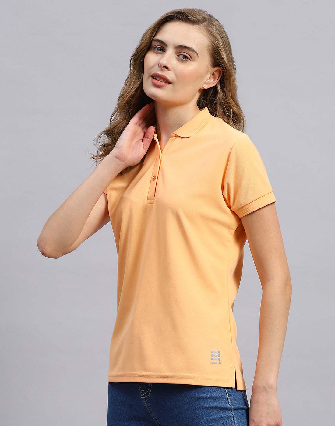 Women Orange Solid Polo Collar Half Sleeve T-Shirt
