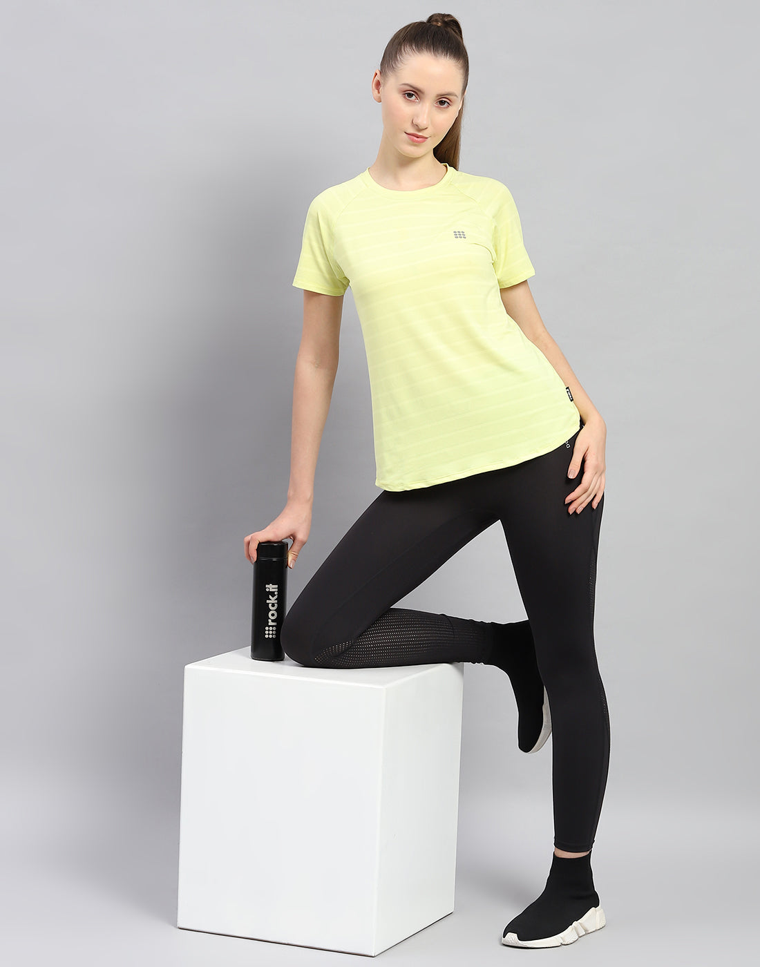 Rock.it Women Yellow Self Design Round Neck Half Sleeve Top