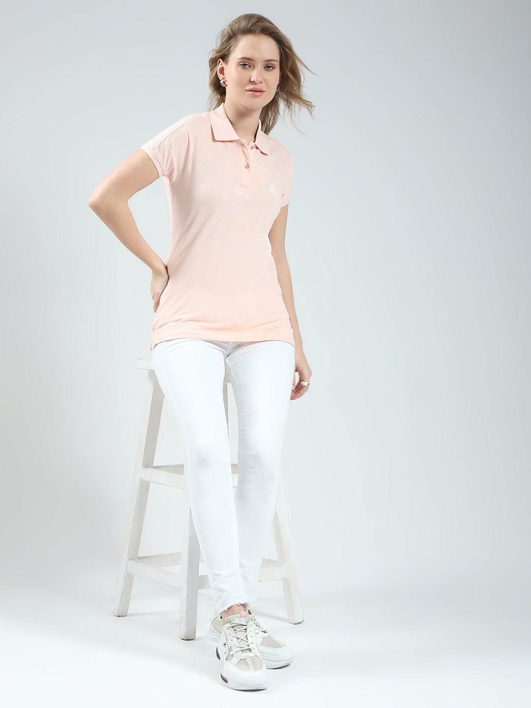 Rock.it Women Peach Solid Collar Half Sleeve T-Shirt