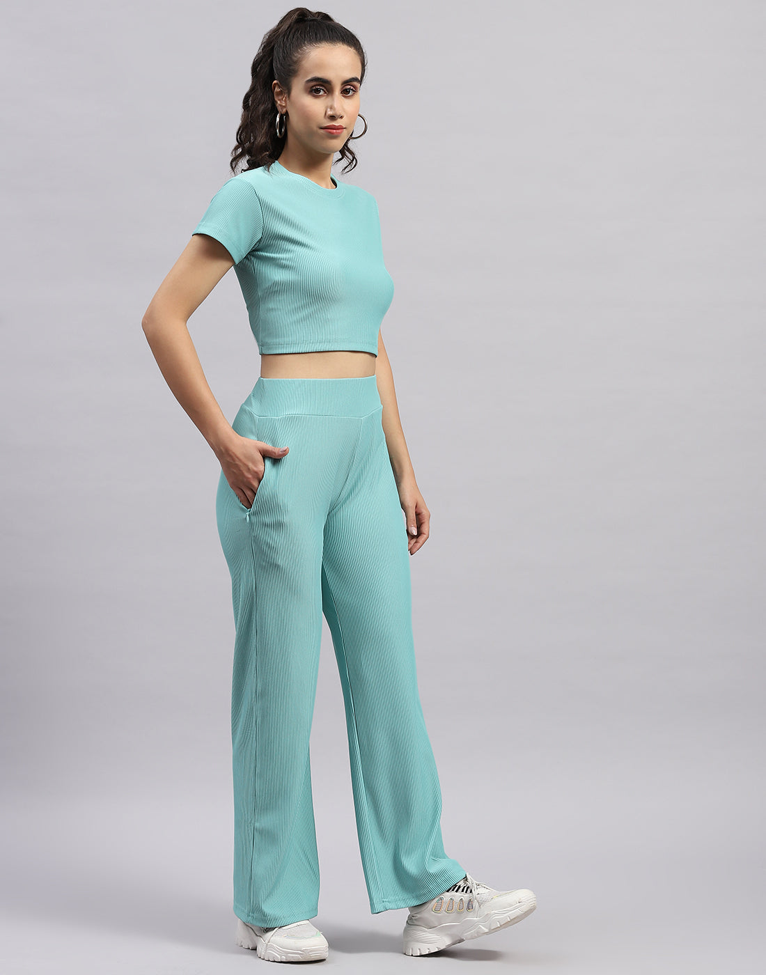 Rock.it Women Blue Self Design Round Neck Half Sleeve Cords Set