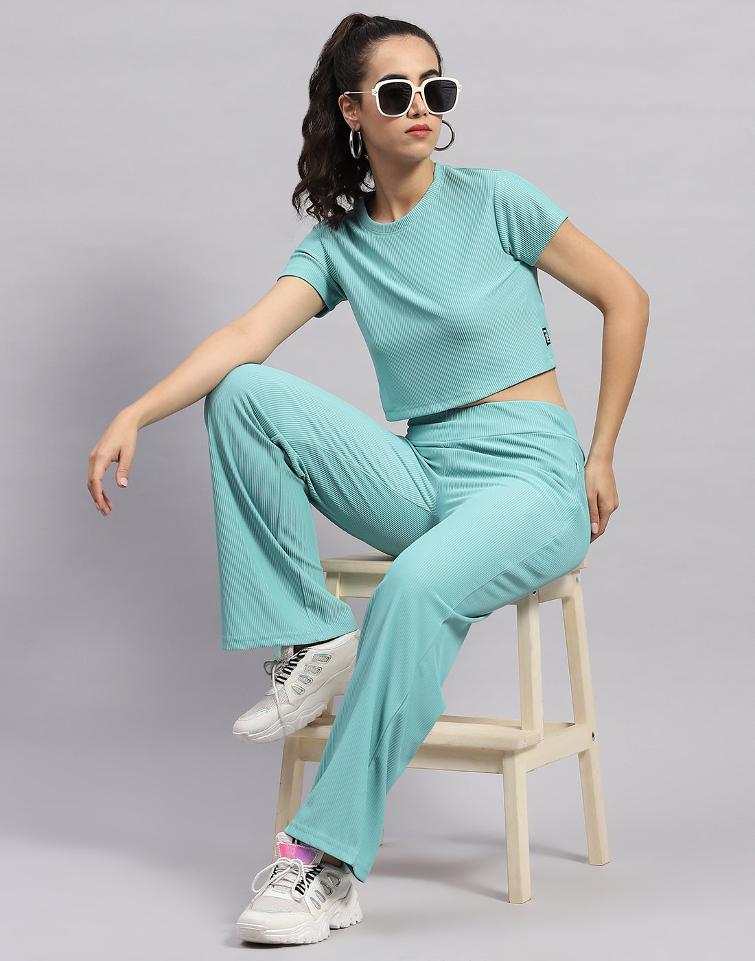 Rock.it Women Blue Self Design Round Neck Half Sleeve Cords Set