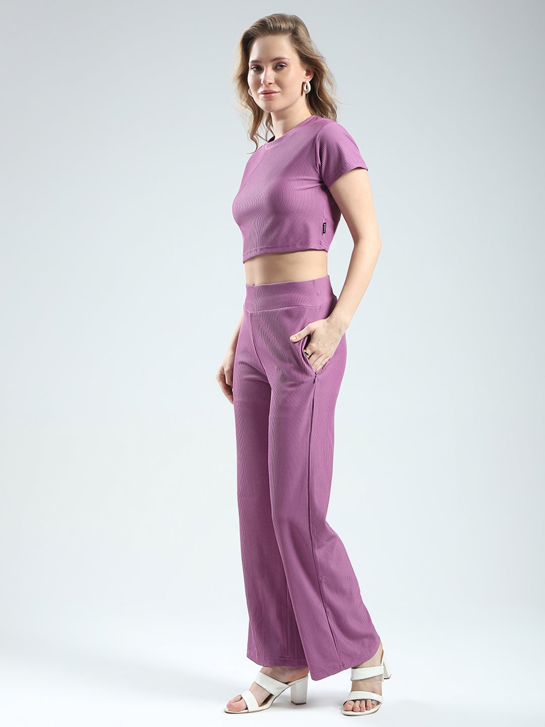 Rock.it Women Purple Solid Round Neck Half Sleeve Cords Set