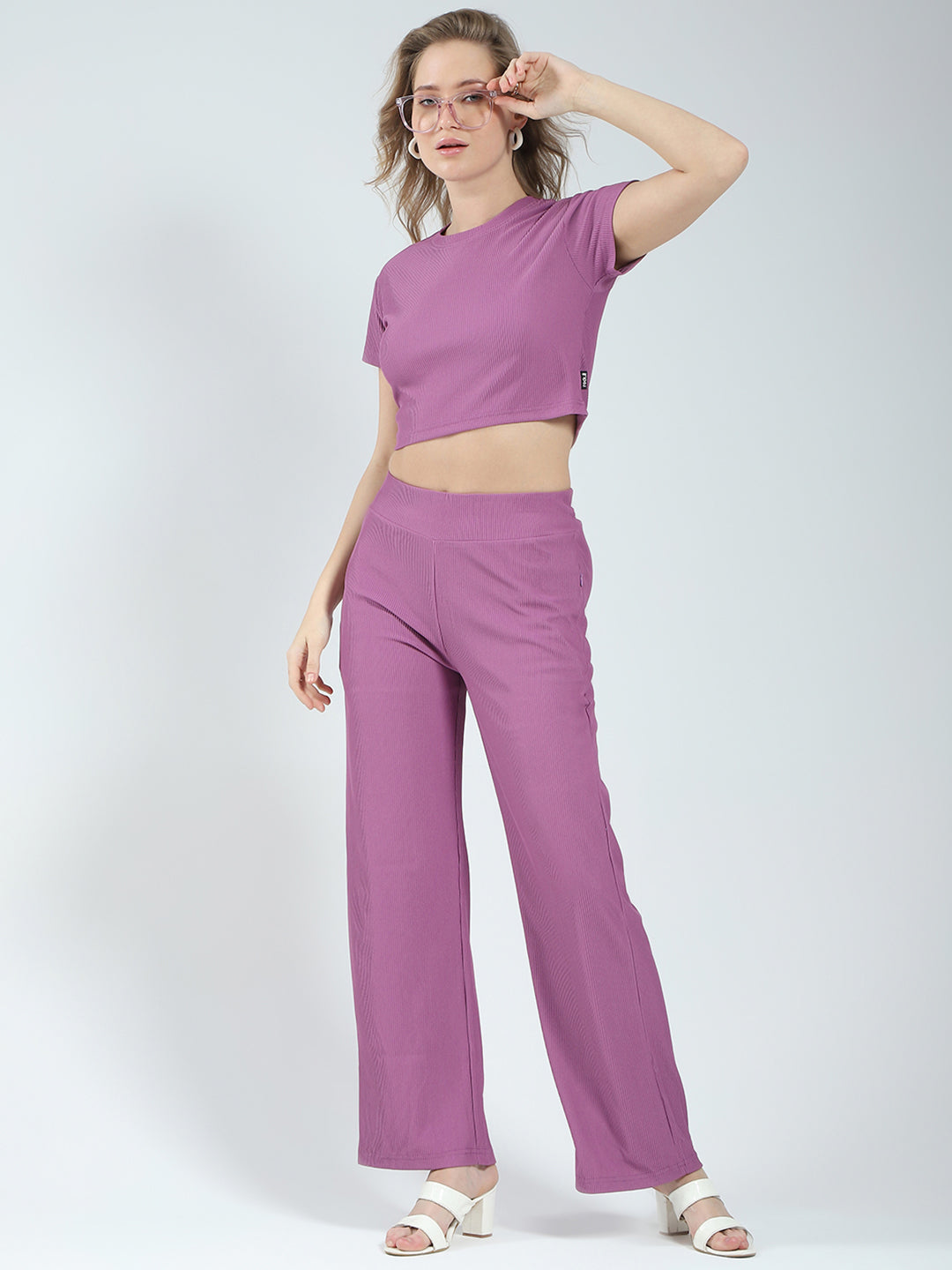 Rock.it Women Purple Solid Round Neck Half Sleeve Cords Set