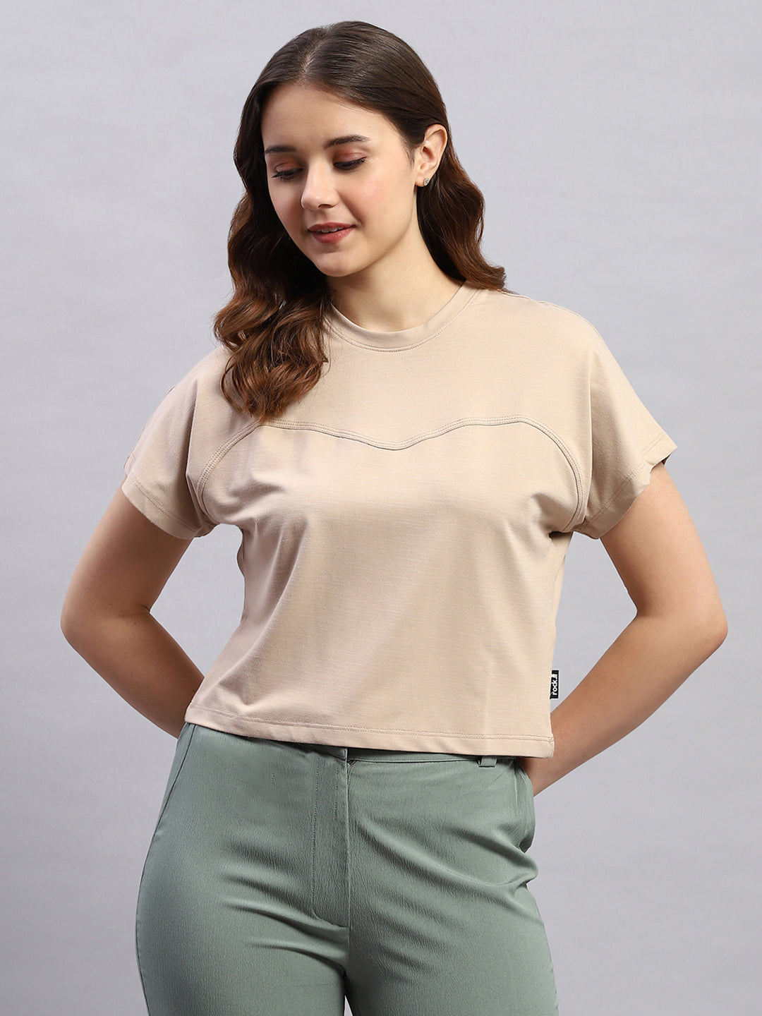Rock.it Women Beige Solid Round Neck Half Sleeve Top