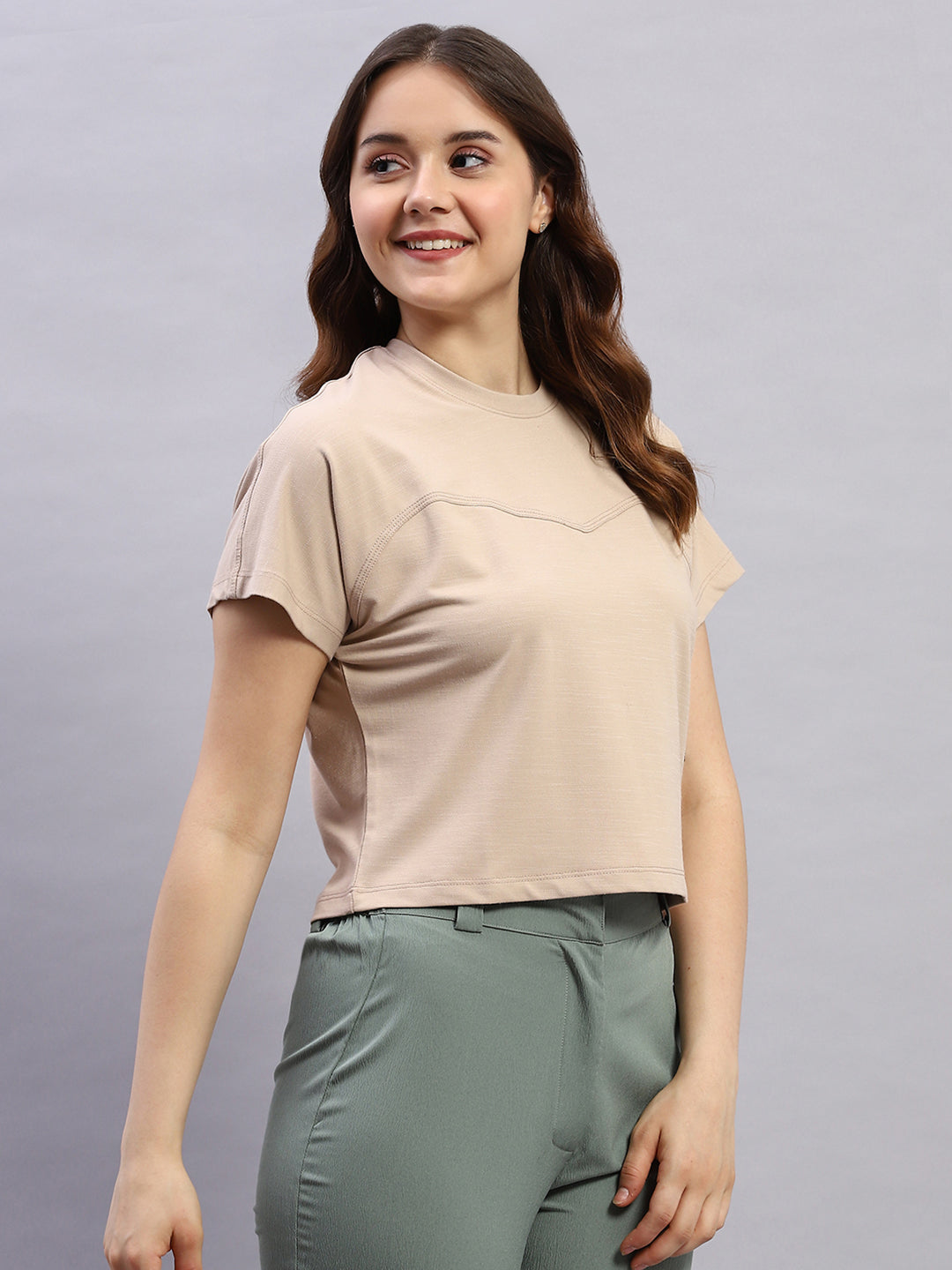 Rock.it Women Beige Solid Round Neck Half Sleeve Top