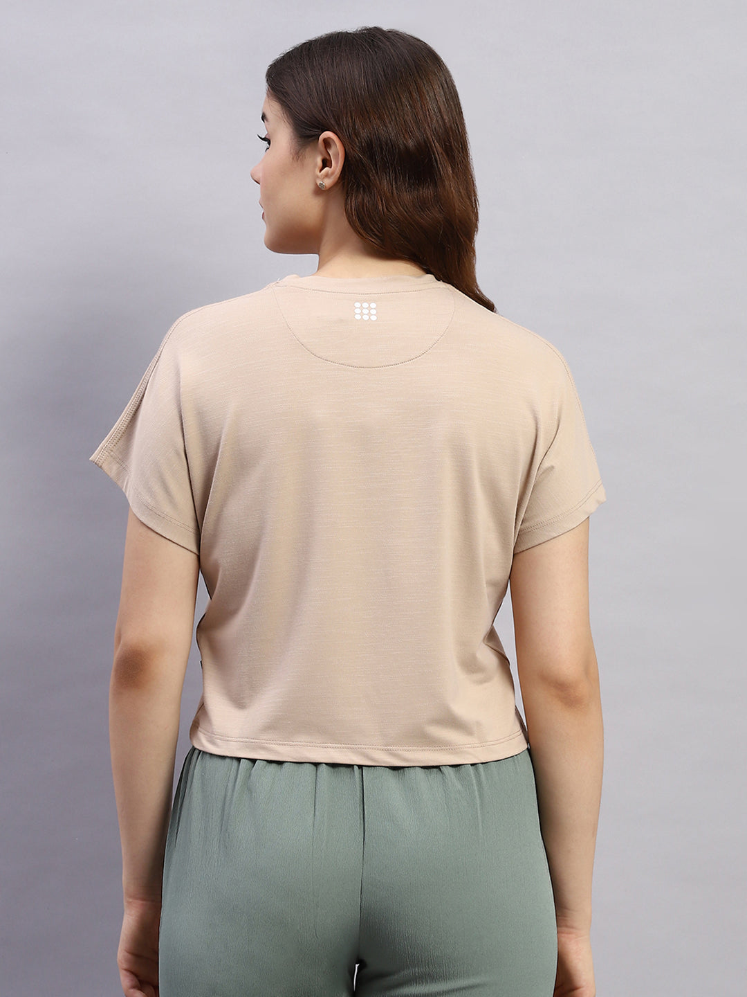 Rock.it Women Beige Solid Round Neck Half Sleeve Top