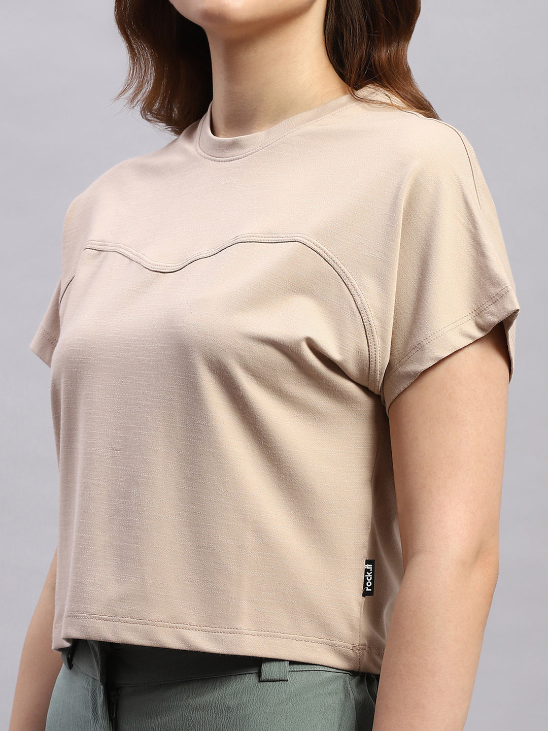 Rock.it Women Beige Solid Round Neck Half Sleeve Top
