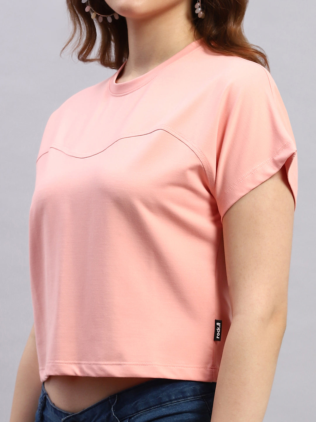 Rock.it Women Pink Solid Round Neck Half Sleeve Top