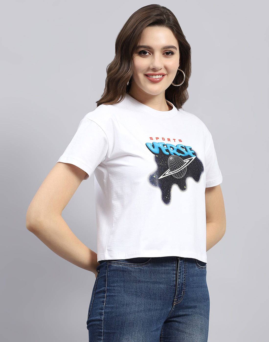 Rock.it Women White Printed Round Neck Half Sleeve Top