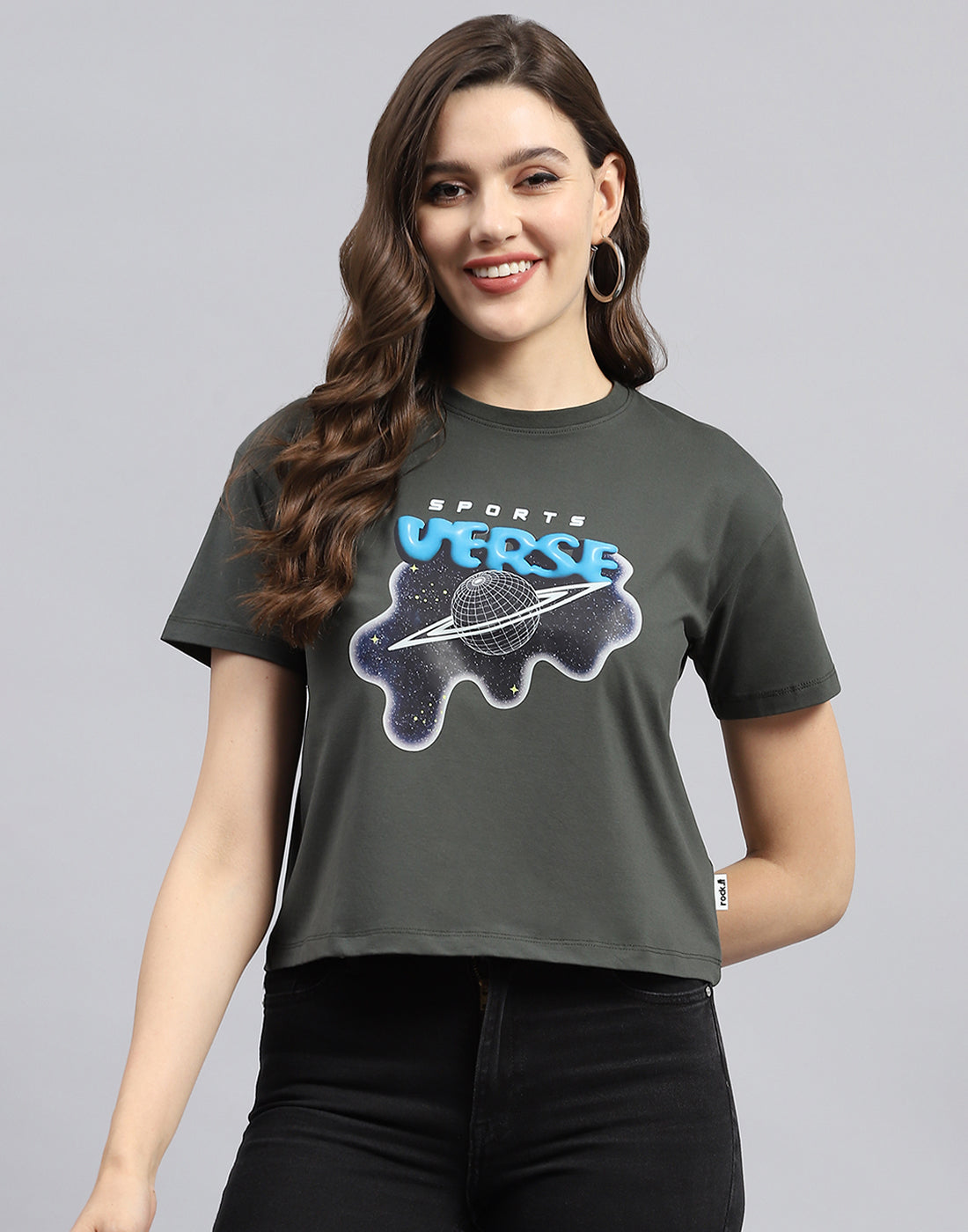 Rock.it Women Grey Printed Round Neck Half Sleeve Top