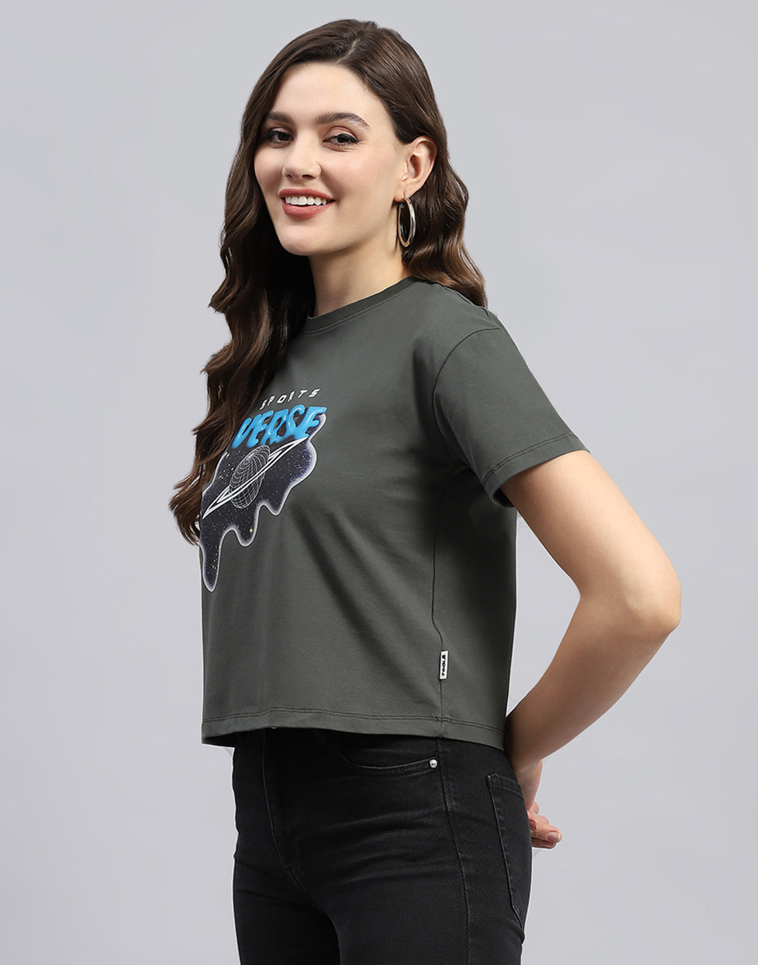 Rock.it Women Grey Printed Round Neck Half Sleeve Top