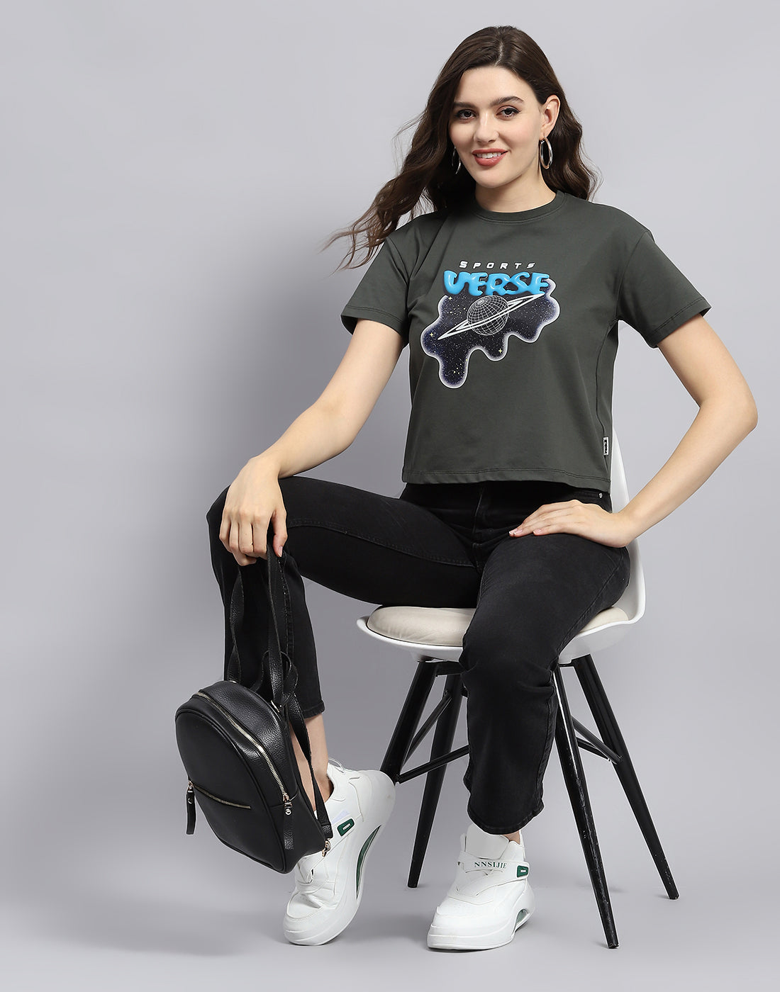 Rock.it Women Grey Printed Round Neck Half Sleeve Top