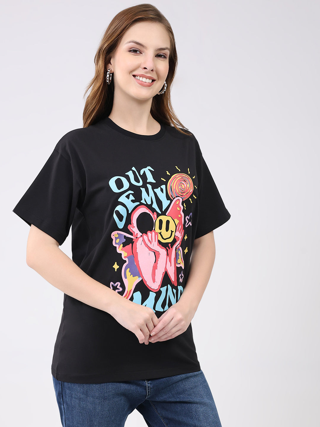 Rock.it Women Black Printed Round Neck Half Sleeve Top