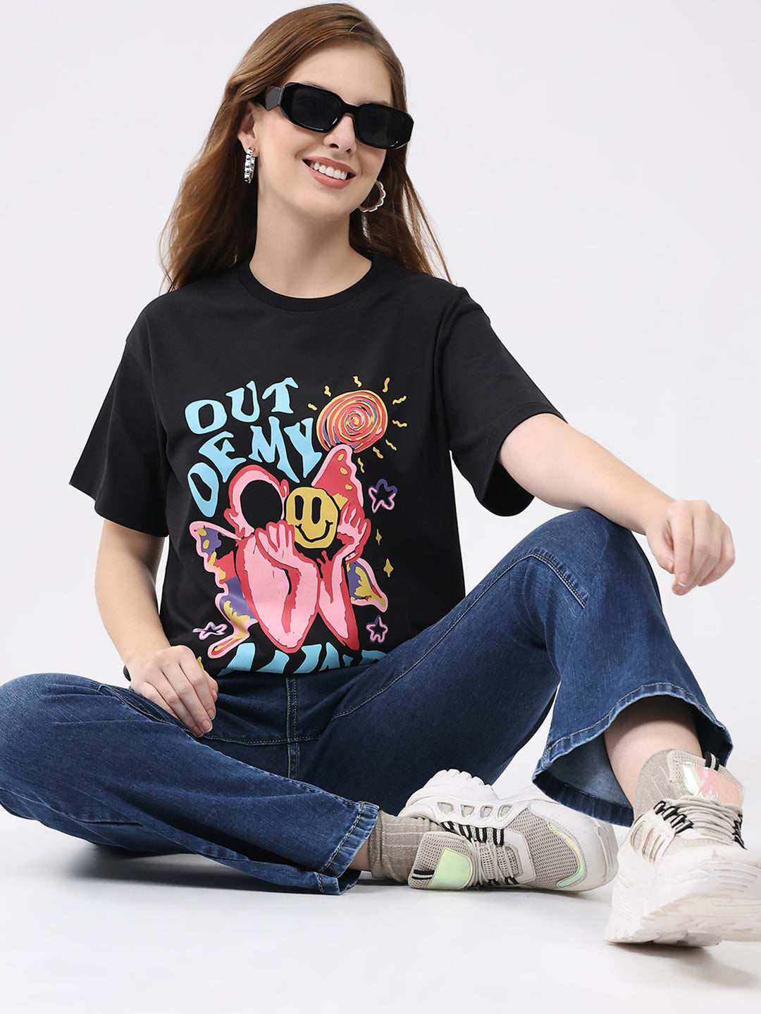 Rock.it Women Black Printed Round Neck Half Sleeve Top