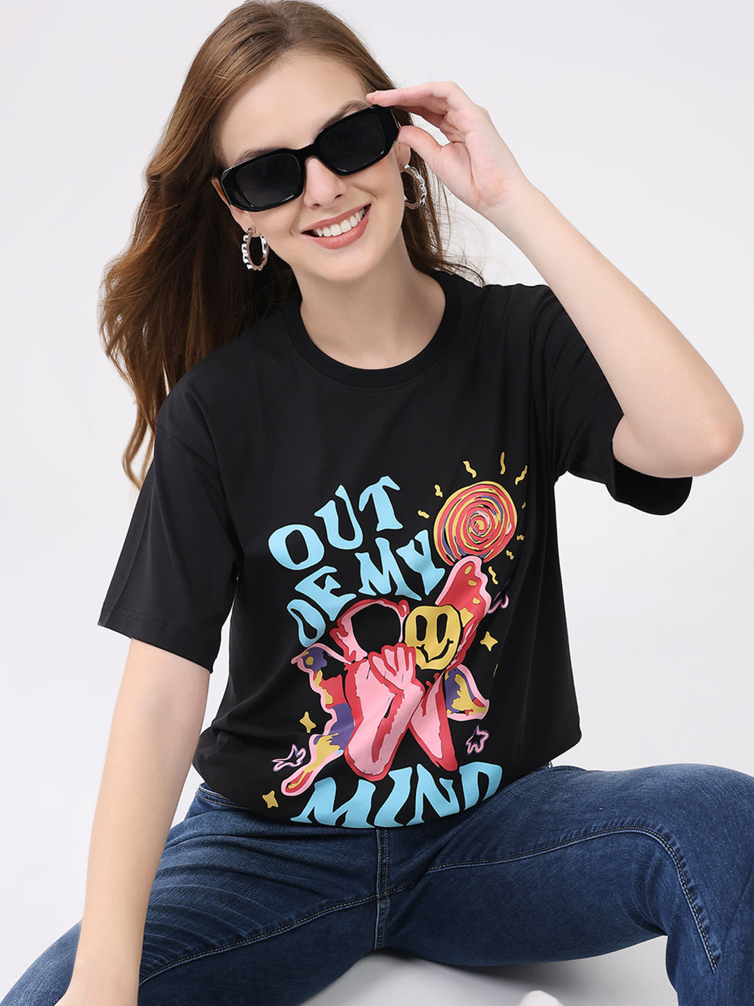 Rock.it Women Black Printed Round Neck Half Sleeve Top