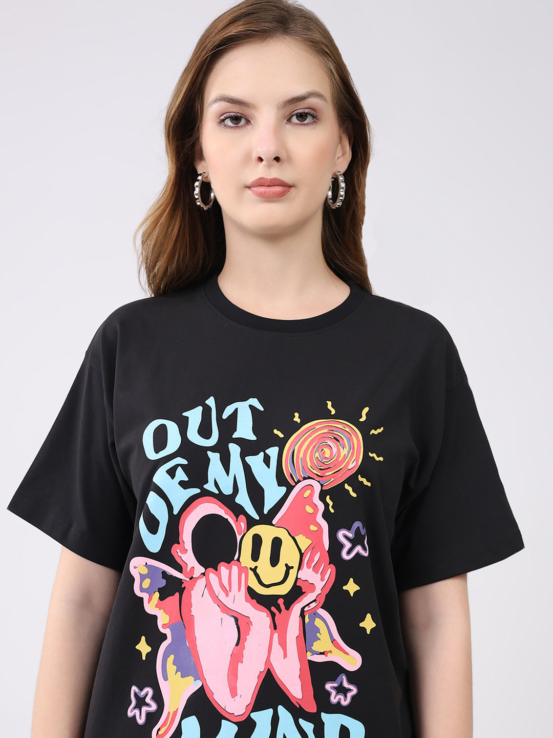 Rock.it Women Black Printed Round Neck Half Sleeve Top