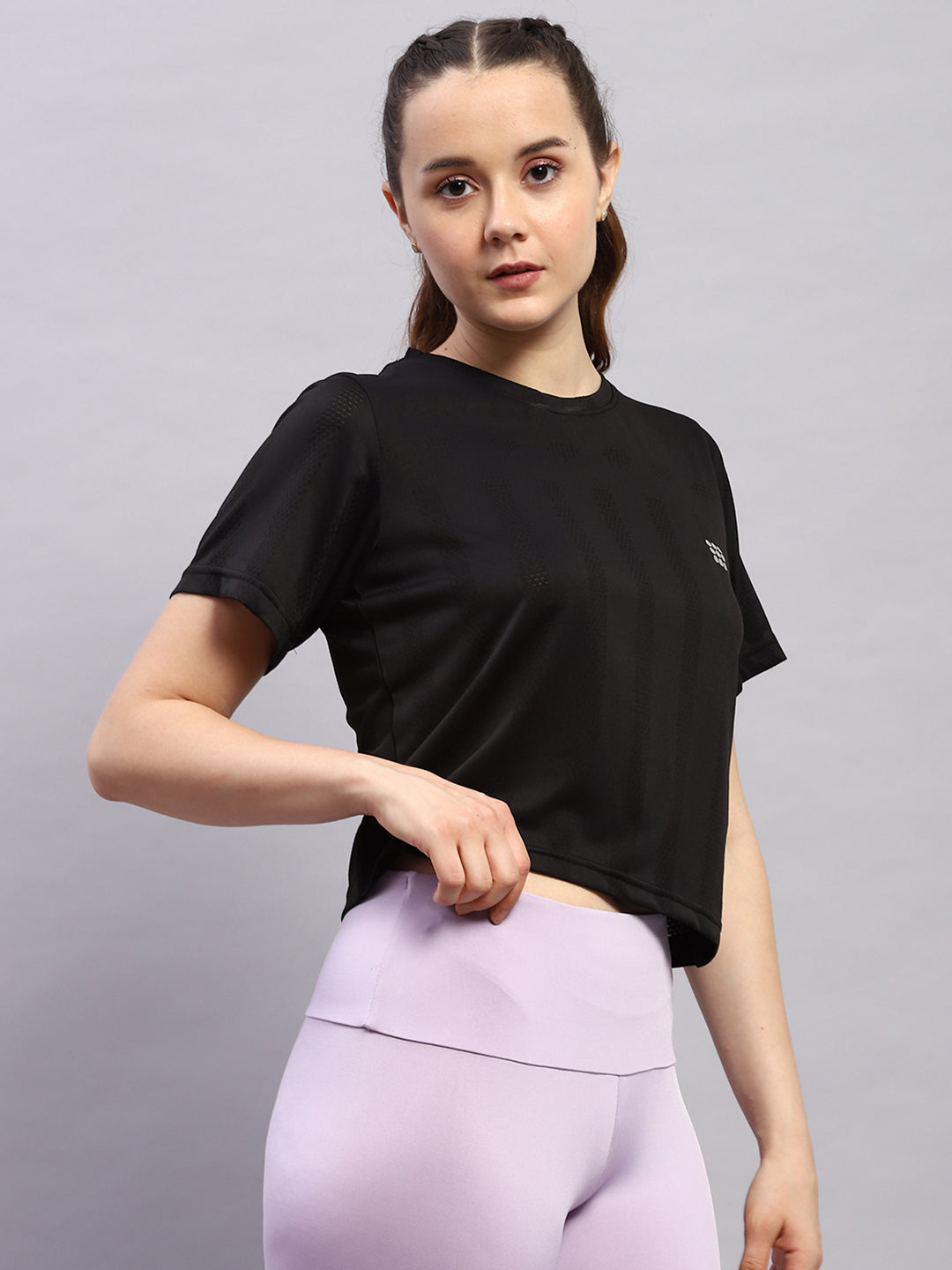 Rock.it Women Black Self Design Round Neck Half Sleeve Top