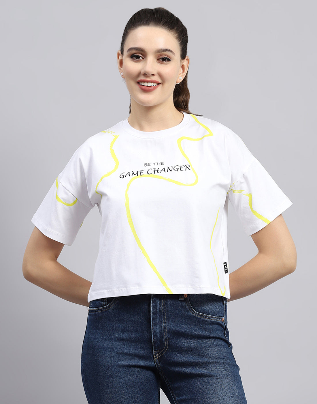 Rock.it Women White Printed Round Neck Half Sleeve Top