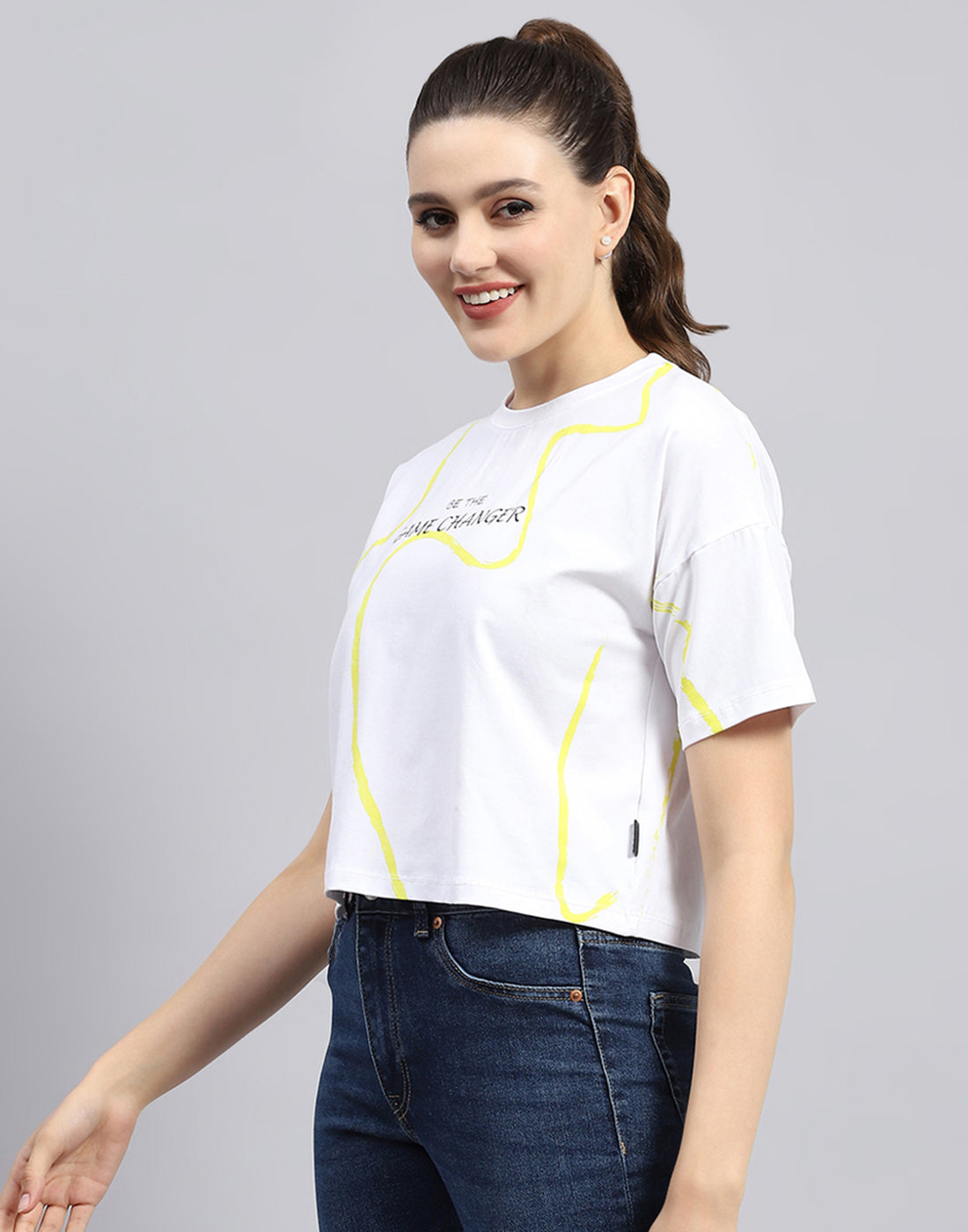 Rock.it Women White Printed Round Neck Half Sleeve Top