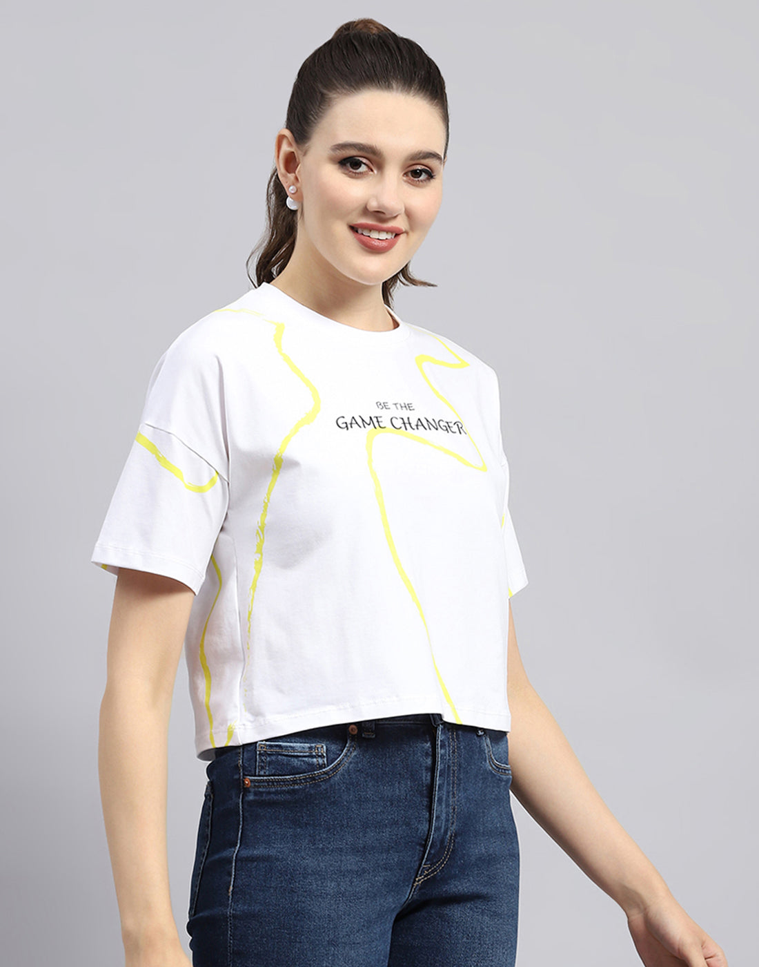 Rock.it Women White Printed Round Neck Half Sleeve Top