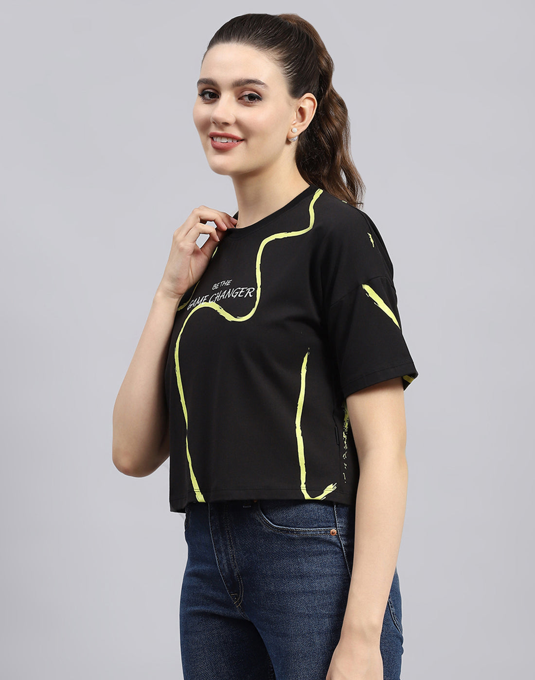 Rock.it Women Black Printed Round Neck Half Sleeve Top