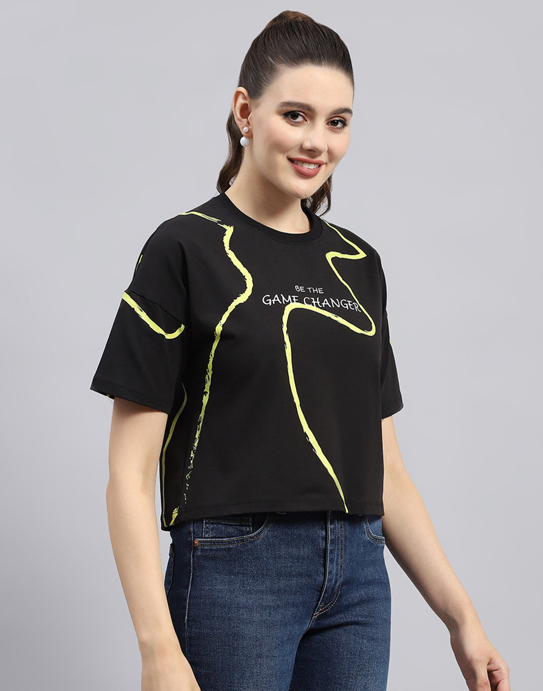 Rock.it Women Black Printed Round Neck Half Sleeve Top