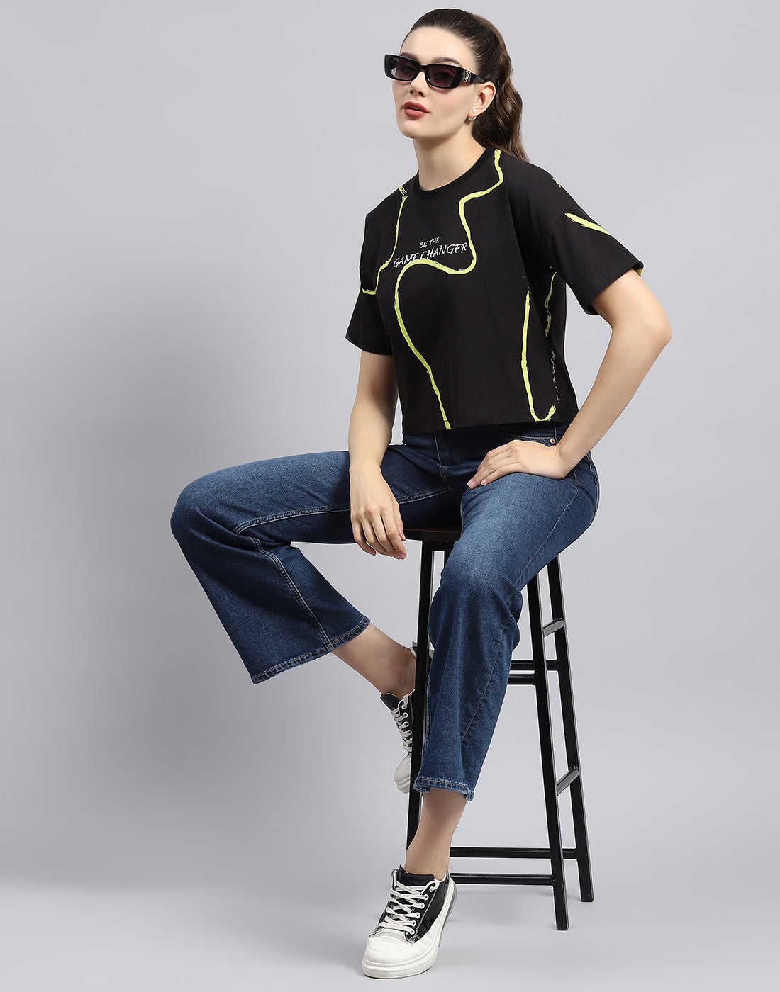 Rock.it Women Black Printed Round Neck Half Sleeve Top