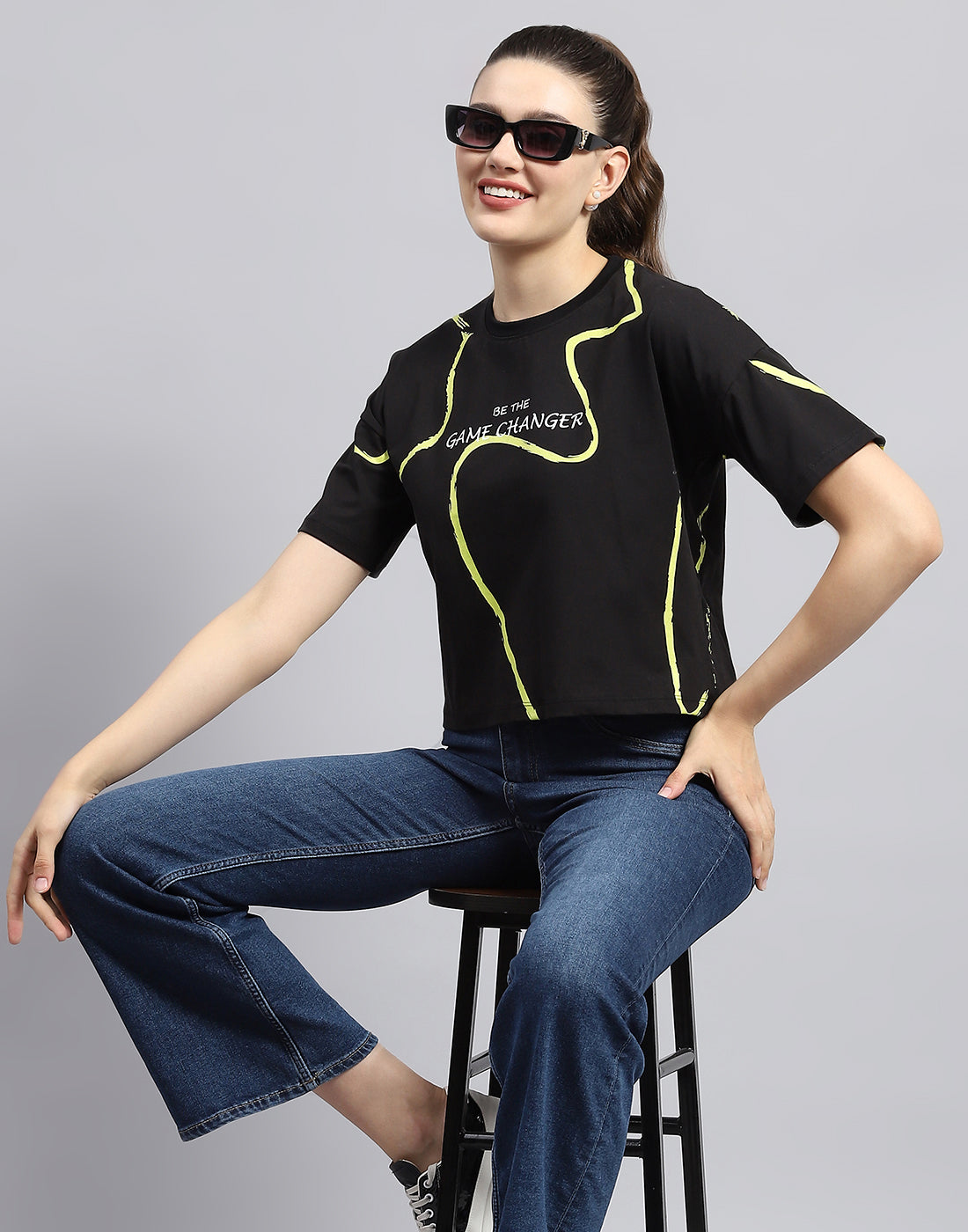 Rock.it Women Black Printed Round Neck Half Sleeve Top