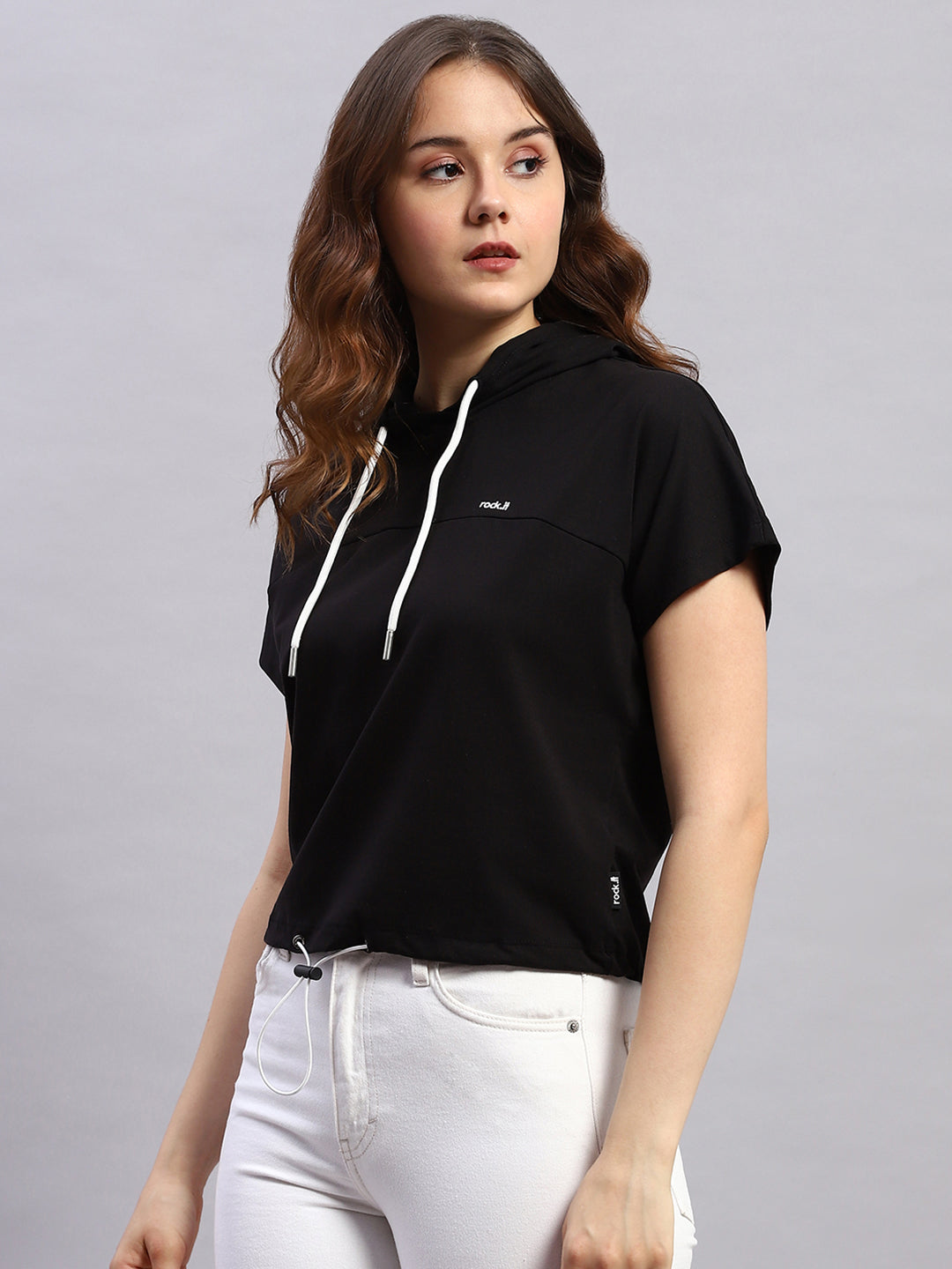 Rock.it Women Black Self Design Hooded Half Sleeve Top