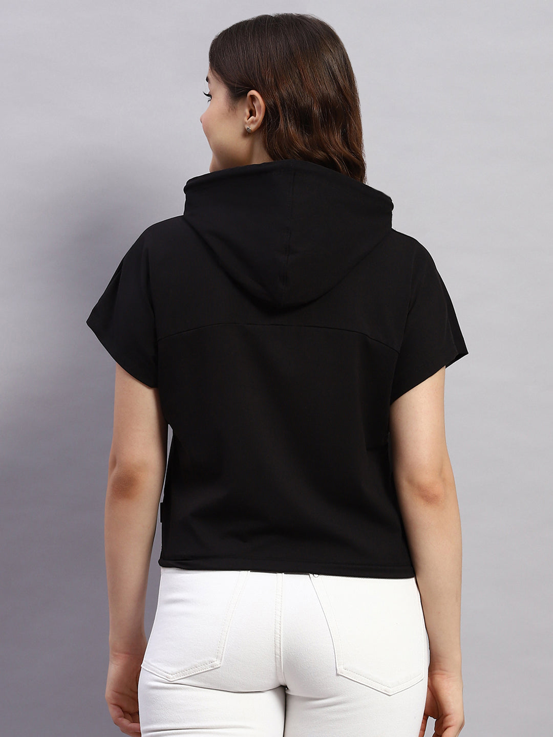 Rock.it Women Black Self Design Hooded Half Sleeve Top