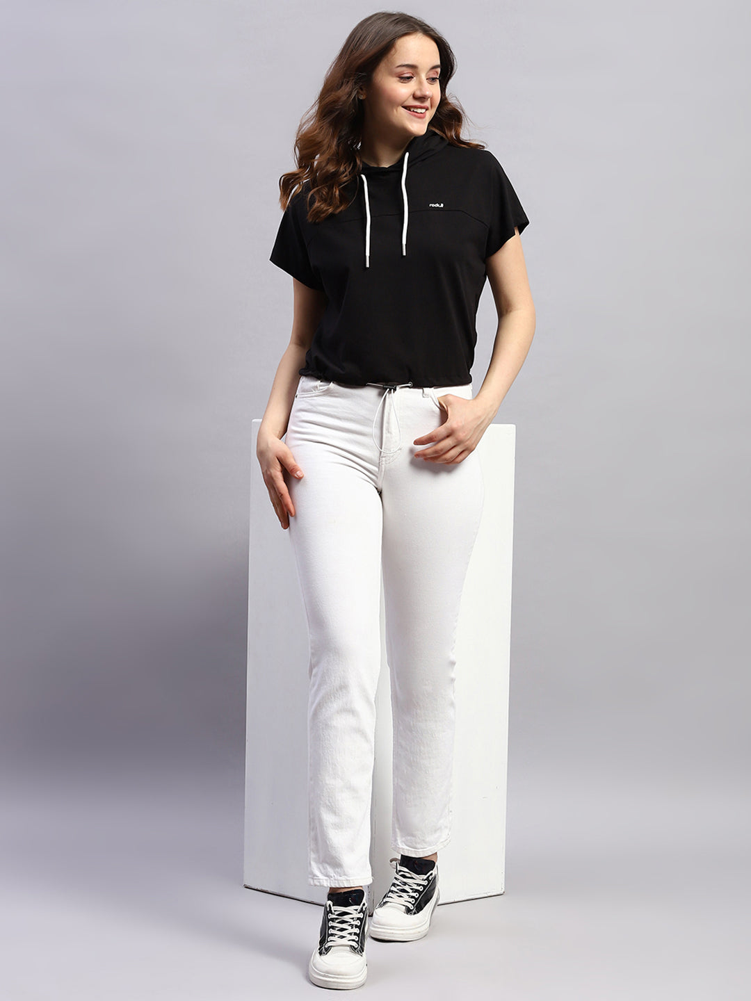 Rock.it Women Black Self Design Hooded Half Sleeve Top