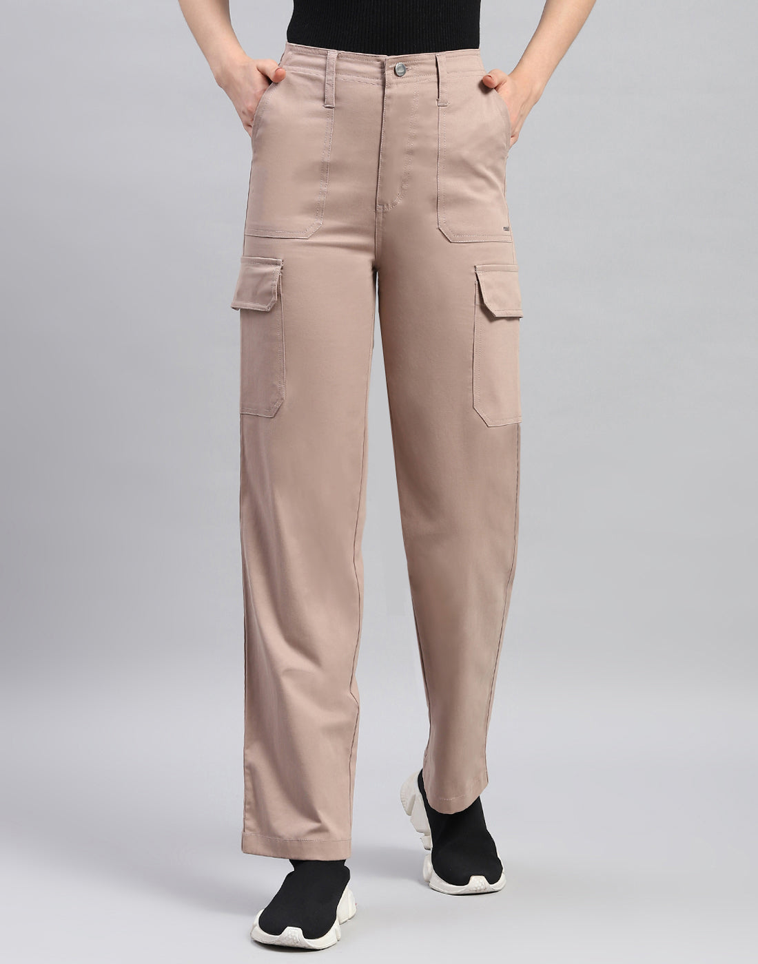 Women Khaki Solid Straight Fit Trouser